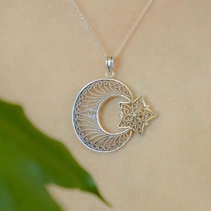 Crescent moon-Star Filigree Silver Necklace